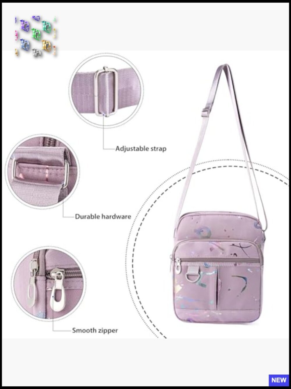 Multi-Pocket Crossbody Bag Lightweight Nylon Shoulder Purse Adjustable Strap - Picture 5 of 6